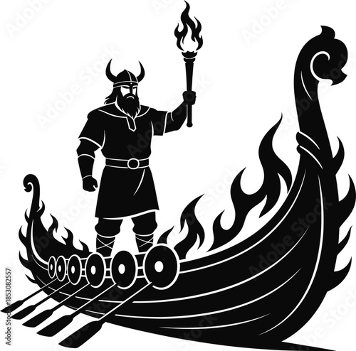 Viking holding torch beside burning longship ship