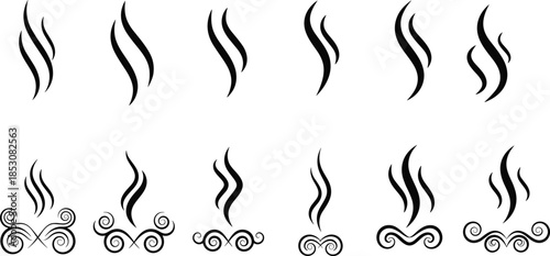 Steam and Smoke Icons Set: Hot Aroma, Vapor, or Smell Wavy Line Symbols for Food, Drink, Spa, Sauna, and Cooking Graphic Design.