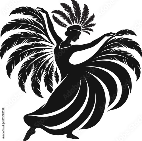 Dancer wearing feather headdress performing dynamic dance