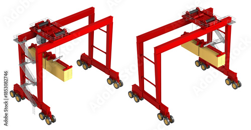 Two red rubber tyred gantry cranes from different isometric angles, industrial equipment set for container terminal operations and logistics, 3d rendering.