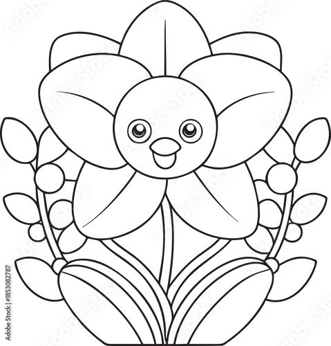 Happy orchid flower with leaves line art illustration for kids coloring and floral design