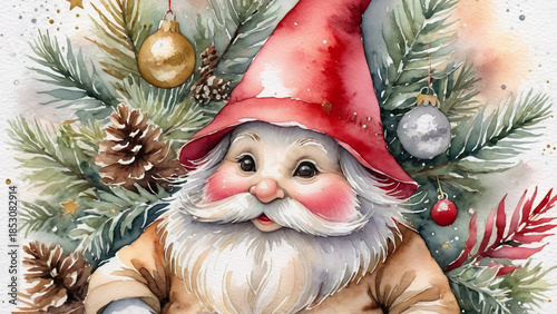 The scarlet-capped guardian of winter joy, peering through a bower of frost-kissed needles and golden spheres of memory