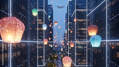 Chinese festivals combine modern traditions in a futuristic cityscape filled with glowing lanterns and drones