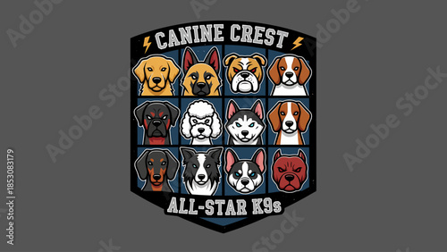 Dynamic Collection of Diverse Canine Breeds within a Stylized Emblematic Design, Showcasing a Variety of Dog Companions in a Unique Graphic