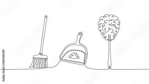 Collection of cleaning tools - a broom, dustpan, and duster in a simple line drawing style