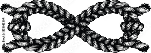 Thick black and white vector rope tied in an infinity symbol or figure-eight knot, representing eternity, loyalty, strength, security, and everlasting marine concepts