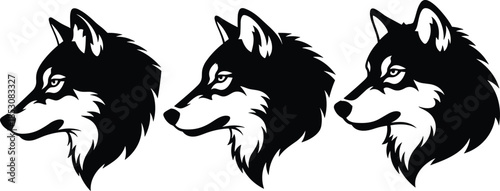Three variations of a fierce, stylized wolf head mascot or logo in black and white vector art, representing wild animal power, loyalty, and nature's strong spirit