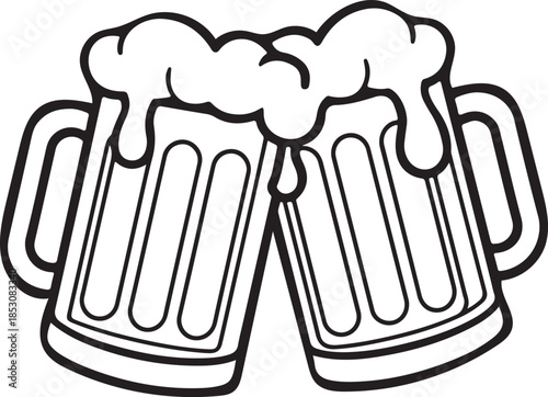 Beer mug toasting line art vector, two beer mug cheers icon vector illustration