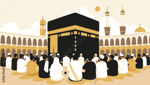 Islamic Pilgrims Performing Hajj or Umrah Around the Kaaba with Grand Mosque Background