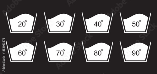temperature wash icon set. 20, 30, 40, 50, 60, 70, 80, 90 degree. Laundry Care Symbol. Washing Machine Temperature Settings symbol. Water Temperature wash out sign