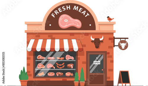 Traditional Butcher Shop Storefront Vector Illustration; Fresh Meat Cuts, Beef, Pork, Chicken, Sausages, and Steaks Displayed in the Window for Food and Local Business.