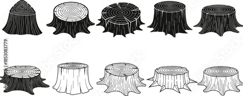 Tree Stump Icons Set: Log Wood Cut, Forest Debris, Nature Silhouette, and Outline Vector Symbols for Lumber, Logging, and Rustic Design.