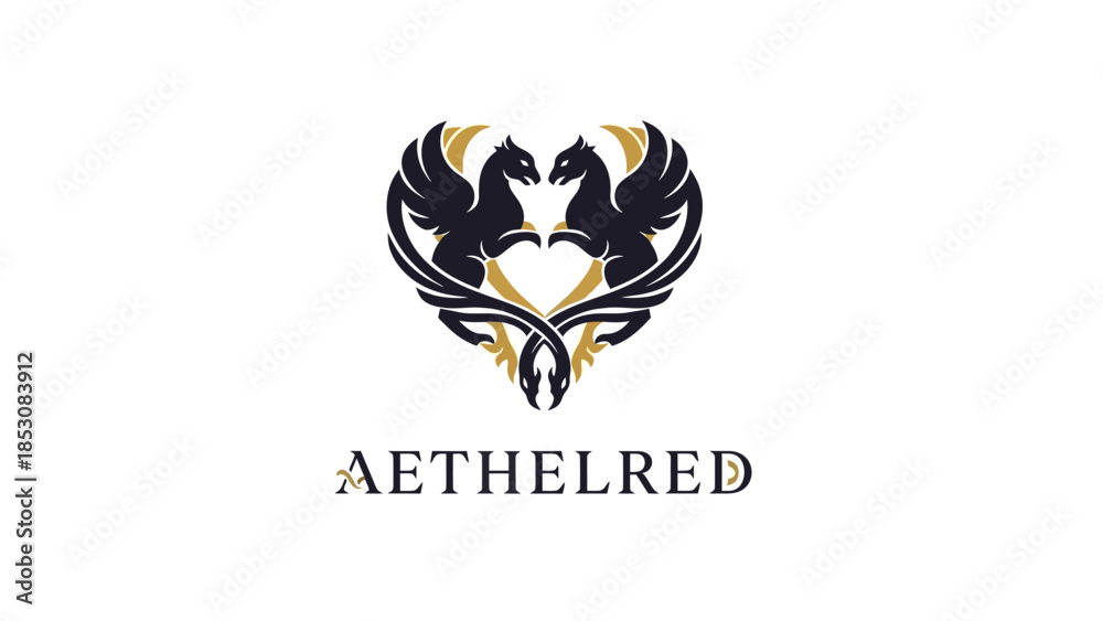 Obraz premium A stylized heart-shaped logo featuring two dark griffins with golden accents, symbolizing strength and unity.