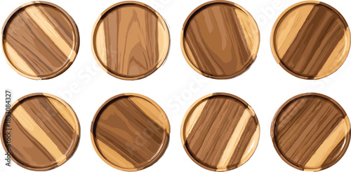 Vector Illustration of Eight Round Wooden Boards, Featuring Natural Grain Textures for Kitchenware, Food Service Platters, Rustic Coasters, and Restaurant Table Decor