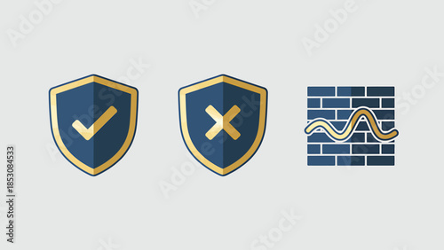 Illustrative vector icons depicting digital security solutions, including verified protection, blocked access, and a robust network firewall system