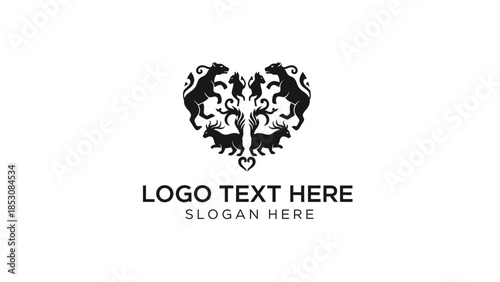 A black and white heart-shaped logo featuring a symmetrical arrangement of animals and decorative elements.