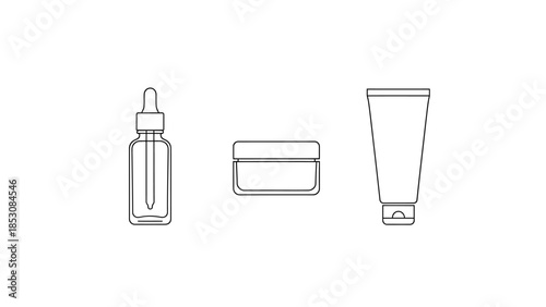 Vector outline icons representing various beauty and skincare product containers a dropper bottle, cream jar, and squeeze tube, perfect for cosmetic branding