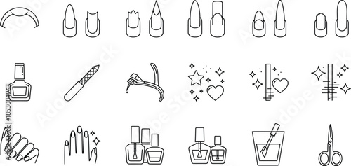 Hand Drawn Set of Manicure Icons Including Nail Polish Clippers Files Different Nail Shapes and Beauty Salon Tools Vector Line Art