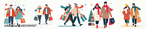 vector of a couple walking Christmas shopping