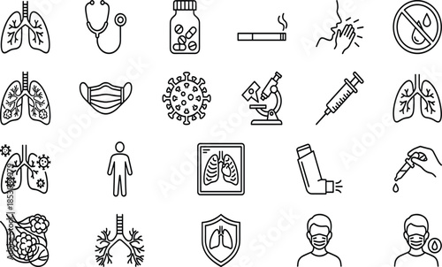 Hand Drawn Set of Medical Icons Including Lungs Stethoscopes Medicine Masks and Respiratory Health Symbols Vector Blue Line Art Illustration