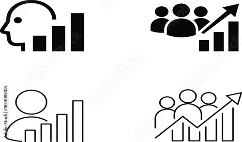Set of business growth icons featuring bar charts and people silhouettes for data analysis financial success and professional career development