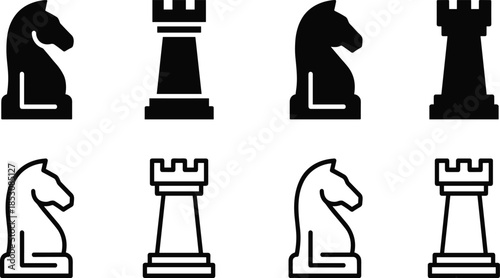 Set of chess piece icons featuring knight and rook silhouettes in outline and solid glyph styles for strategic business game