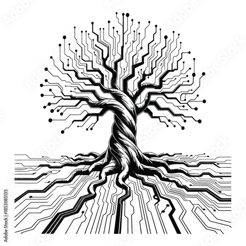 Conceptual illustration of ancient tree roots forming futuristic digital circuit board pathways symbolizing technology nature connection