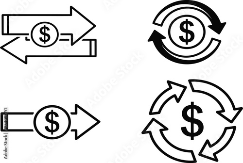 Set of currency exchange icons featuring dollar signs and transaction arrows in outline styles for financial transfer banking and commerce