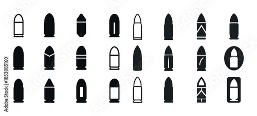 Set of various bullet icons in black and white silhouettes on wh