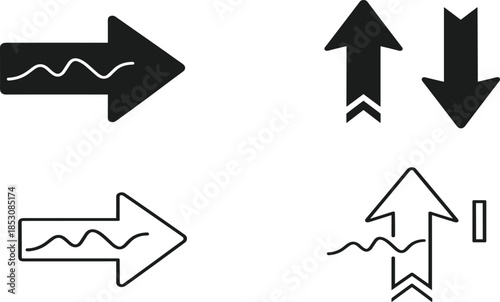 Set of directional arrow icons featuring forward motion symbols and up down indicators in solid and outline styles for navigation