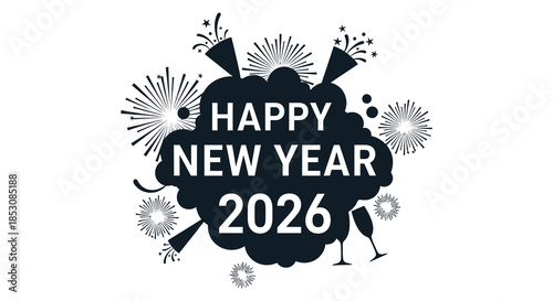 Festive new year celebration with fireworks champagne and a cloud shaped design silhouette