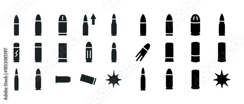 Variety of bullet shapes and designs in black silhouette icons s