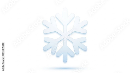 A large white snowflake with light blue shadows on a plain white background for winter or christmas themes