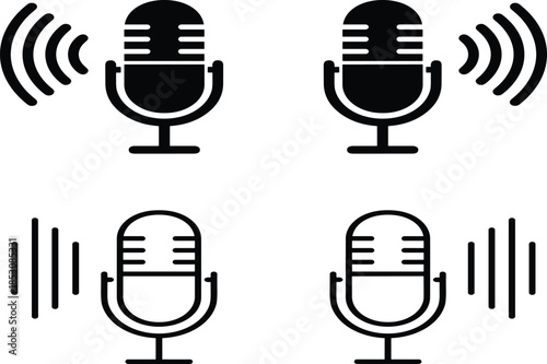 Set of microphone icons featuring classic studio mic designs with sound waves and audio frequencies for podcasting broadcasting and voice recording