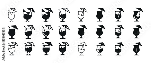 Set of tropical cocktails with umbrella icon variations in black