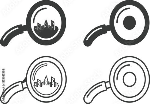 Set of search icons featuring magnifying glass symbols with city skyline and circular lens for real estate hunting and navigation