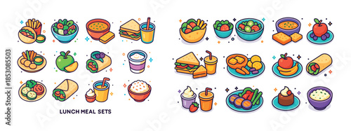 Colorful variety of cute lunch meal sets with bowls, sandwiches,
