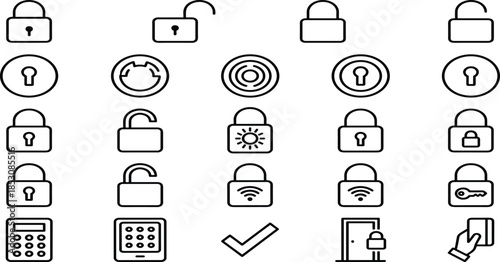 PrintVector line icon set of security padlocks, keyholes, digital keypad locks, smart Wi-Fi encryption, biometric access, and home door protection symbols.