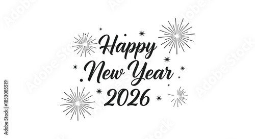 Festive new year 2026 greeting with sparkling starbursts and elegant calligraphy silhouette