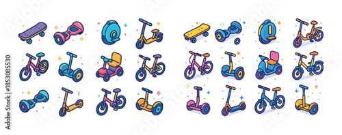 Colorful cartoon set of different personal transport devices and