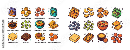 Assorted nut and seed snack collection with packaging illustrati