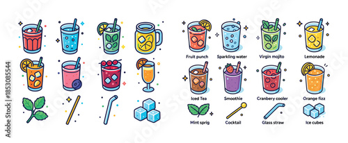 Colorful beverage icons featuring fruit punch, sparking water, m