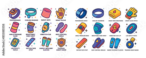 Colorful fitness accessories set with wristbands, sleeves, and c