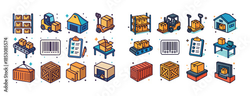 Warehouse icons: inventory, shipping, equipment, storage solutio