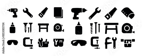 Set of black silhouette diy tools including drill, wrench, saw,