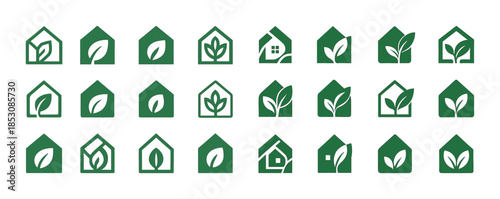 Green eco-friendly house icons featuring various leaf designs