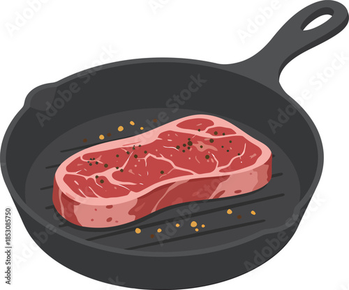 Raw beef steak seasoned with pepper in a black cast iron grill pan, ready for cooking.