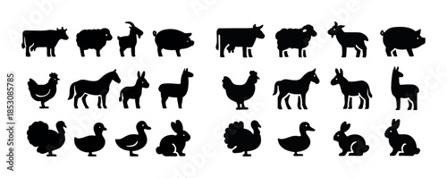 Silhouette set of farm animals: sheep, goat, pig, cow, chicken,