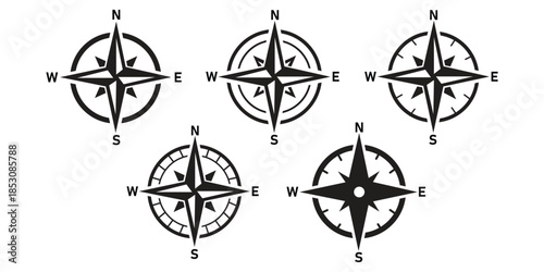ompass logo. Black compass icons. East, West, North and South