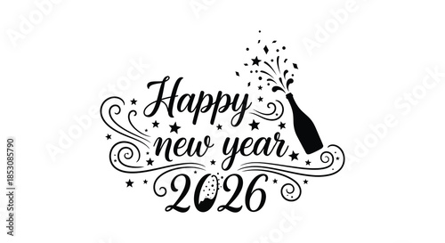 Festive new year celebration design with champagne bottle stars and elegant calligraphy silhouette